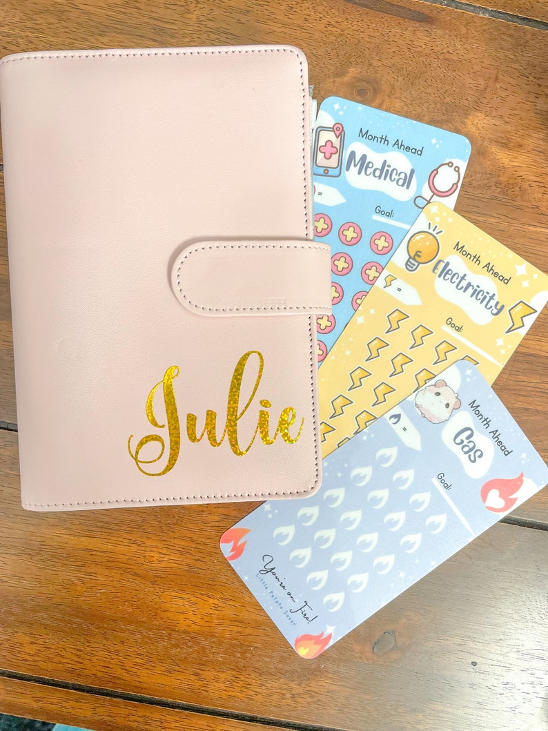 Pu&ograve; includere: Un'agenda rosa chiaro con il nome "Julie" in oro. L'agenda &egrave; accanto a tre schede di budget con le etichette "Medical", "Electricity" e "Gas". La scheda "Gas" ha il testo "You're on Fire!" e una piccola grafica a fiamma.