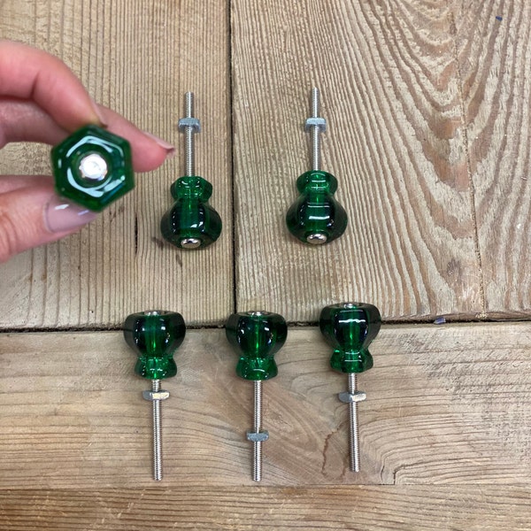 Hexagon Green Glass Knob with Nickel Bolt 1" Diameter