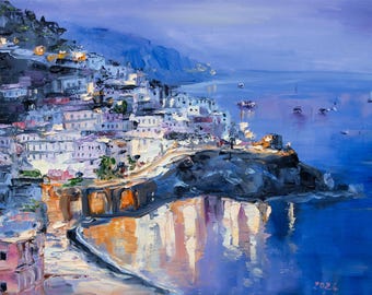 アマルフィ海岸の絵画。イタリア。夕暮れのイタリア沿岸の町を描いた