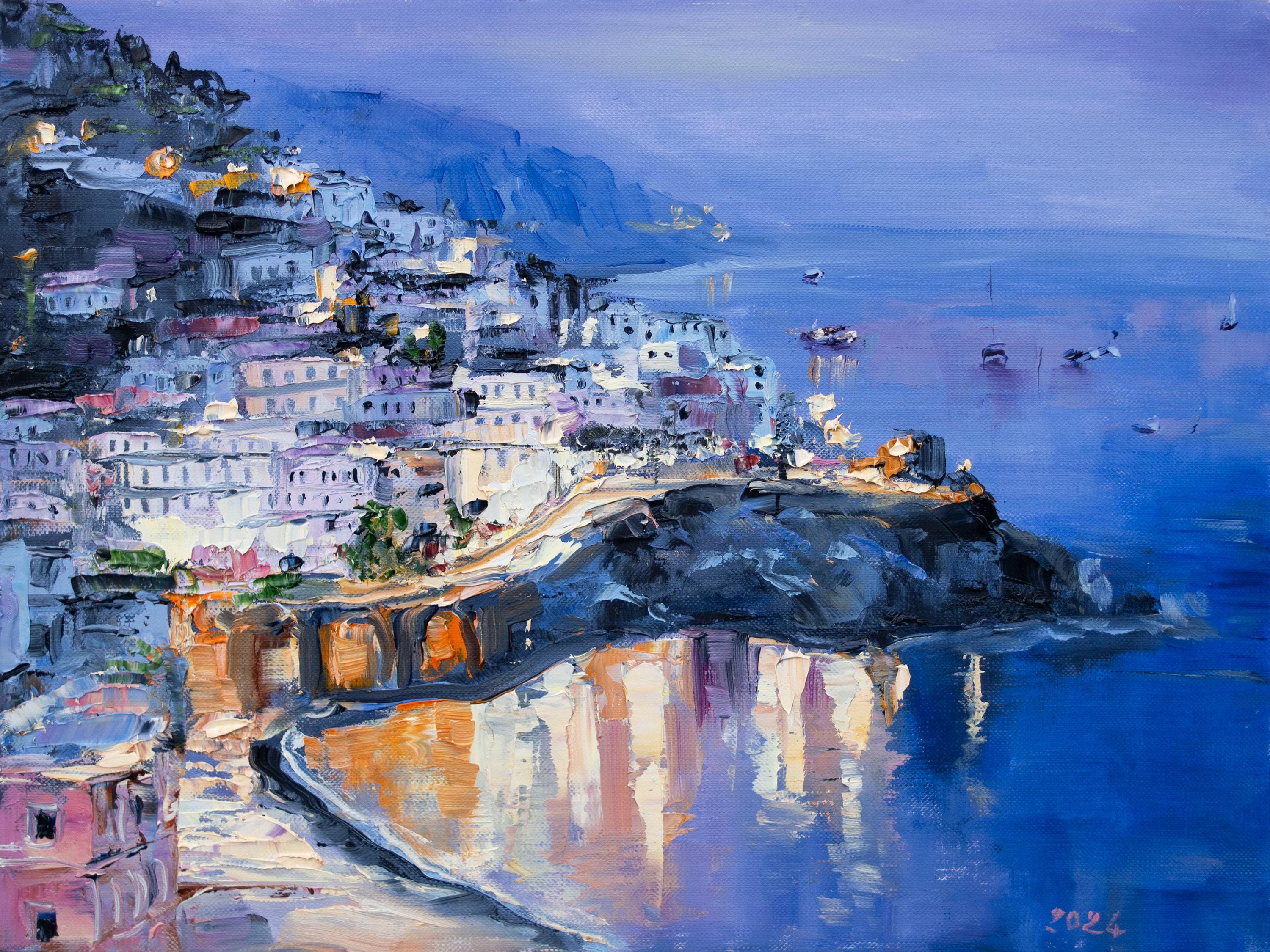 アマルフィ海岸の絵画。イタリア。夕暮れのイタリア沿岸の町を描いた