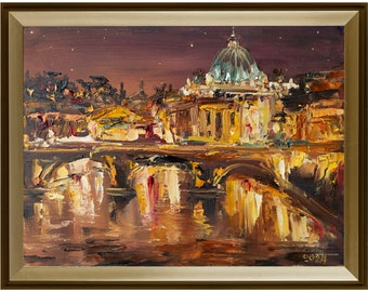 Italia, notte Roma pittura ad olio, Vaticano, Basilica di San Pietro.