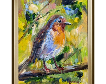 Robin painting. Original art, Tiny bird painting, Small oil painting, Birthday gift