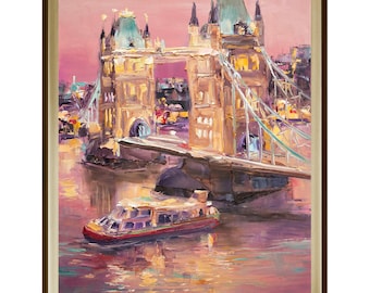 May include: A painting of the Tower Bridge in London at sunset. The bridge is lit up with warm yellow lights, and a boat is passing underneath. The sky is a soft pink and purple.