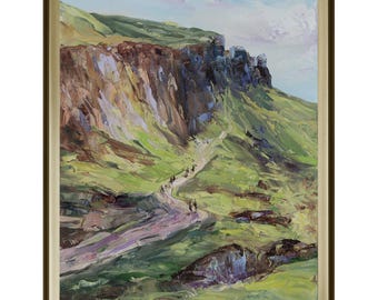 Promenade du Quiraing, île de Skye, Écosse. Peinture à l'huile originale sur papier.