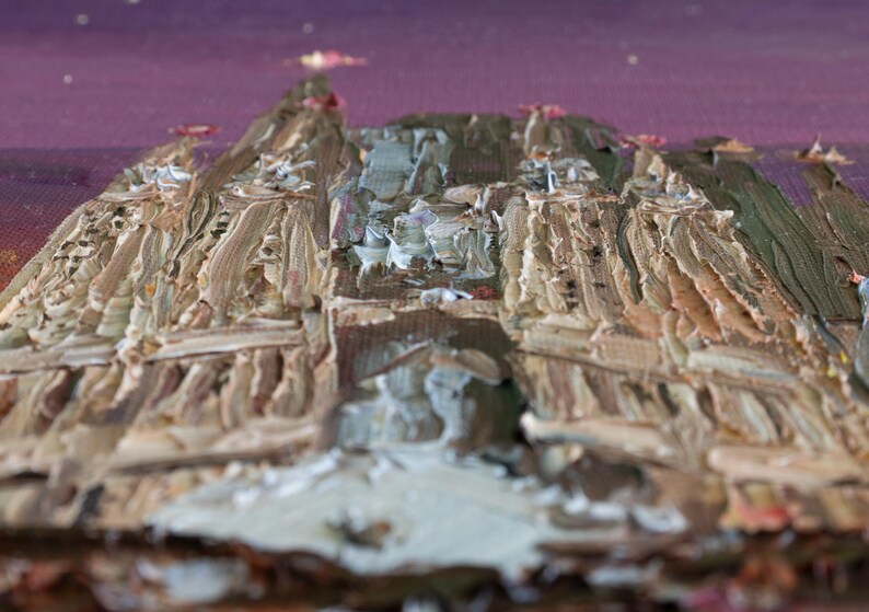 May include: An oil painting on canvas featuring a thick impasto technique with visible brushstrokes. The artwork depicts a cathedral-like structure in shades of brown, tan, and white, set against a deep purple background with small red accents.