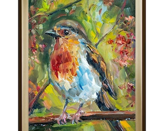 Peinture de Robin. Art original, petite peinture d'oiseau, petite peinture à l'huile, cadeau d'anniversaire