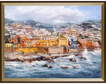 Funchal al atardecer a vista de pájaro. Madeira, Portugal. Pintura al óleo original en imasto. Decoración de pared. Regalo