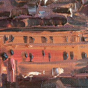 May include: An oil painting on canvas featuring a rectangular structure with horizontal lines in shades of burnt orange, deep brown, and dark red. The surface displays thick, textured impasto brushstrokes and visible canvas weave throughout the composition.