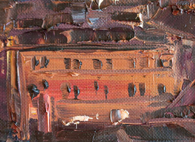 May include: An oil painting on canvas featuring a rectangular structure with horizontal lines in shades of burnt orange, deep brown, and dark red. The surface displays thick, textured impasto brushstrokes and visible canvas weave throughout the composition.