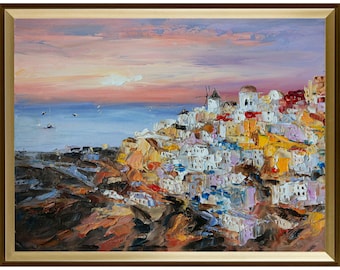 Pintura al óleo de Santorini, arte con impasto de la isla griega, isla de Thera