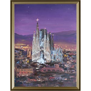 May include: An oil painting in a gold frame depicting the Sagrada Familia cathedral at night. The structure is illuminated against a deep purple sky with faint stars. The surrounding city is rendered in dark, textured brushstrokes with warm lights.
