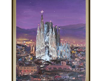 May include: An oil painting in a gold frame depicting the Sagrada Familia cathedral at night. The structure is illuminated against a deep purple sky with faint stars. The surrounding city is rendered in dark, textured brushstrokes with warm lights.