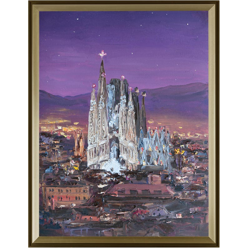 May include: An oil painting in a gold frame depicting the Sagrada Familia cathedral at night. The structure is illuminated against a deep purple sky with faint stars. The surrounding city is rendered in dark, textured brushstrokes with warm lights.