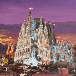 May include: An oil painting on canvas depicting the Sagrada Familia at twilight. The structure features textured, impasto brushstrokes in shades of beige and brown against a vibrant purple sky. The surrounding city glows with warm orange lights.