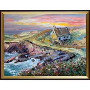 Irische Cottage auf der Küste Malerei Originale Öl Landschaft Impasto Kleine Wand-Dekor Impressionismus Kunst Coutryside Haus Kunstwerk