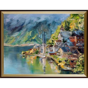 Blick auf den Glockenturm der Kirche in Hallstatt, am Hallstättersee, Österreich. Original Ölgemälde.