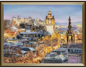 May include: An oil painting of a cityscape at twilight featuring a prominent clock tower and a tall gothic monument. The scene is rendered with thick, textured brushstrokes in shades of gold, orange, deep blue, and soft purple, capturing the architecture.