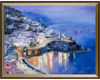 Dipinto della Costiera Amalfitana. Italia. Un dipinto originale di una cittadina costiera italiana al tramonto.
