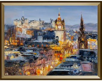 Evening view of Edinburgh - the capital of Scotland. Original oil painting, impasto.