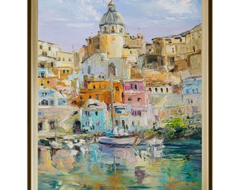 Vintage Italian Oil Painting: Gulf of Naples, Vesuvius, 1950s