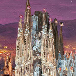 May include: An oil painting depicting the Sagrada Familia with thick, textured impasto brushstrokes. The cathedral features tall, pointed spires in shades of beige and brown against a deep purple twilight sky with hints of orange at the horizon.
