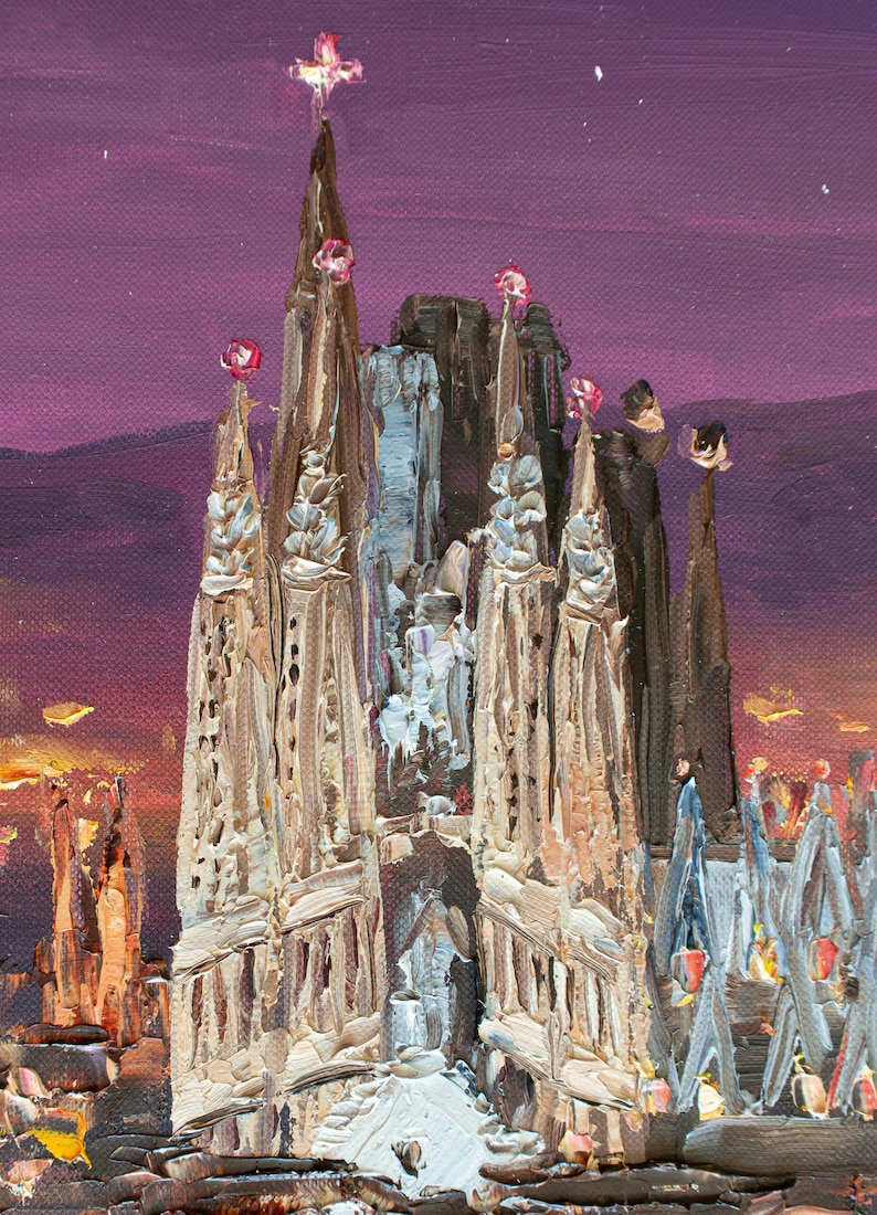 May include: An oil painting depicting the Sagrada Familia with thick, textured impasto brushstrokes. The cathedral features tall, pointed spires in shades of beige and brown against a deep purple twilight sky with hints of orange at the horizon.