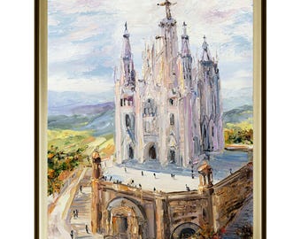May include: An oil painting in a gold frame depicting the Temple of the Sacred Heart of Jesus on Mount Tibidabo. The artwork features thick, textured brushstrokes in shades of white, cream, blue, and brown, capturing the architectural structure.