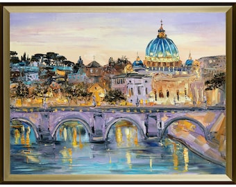 May include: An oil painting depicting a cityscape at twilight with a prominent blue-domed cathedral, a stone bridge with multiple arches spanning a river, and warm yellow lights reflecting on the water, all enclosed in a gold-toned frame.