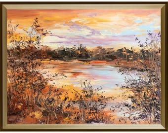 秋の湖 – オリジナルの質感のある油絵、印象派の風景画の壁アート