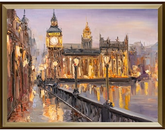 May include: Oil painting of the Palace of Westminster and Big Ben in London, framed in a gold-colored border. The artwork depicts the iconic landmarks at dusk, with warm light reflecting on the water and buildings.