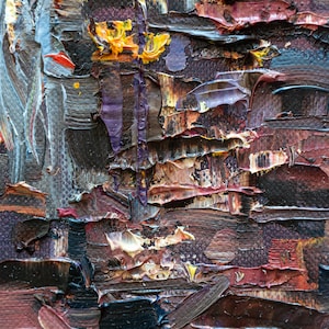 May include: An oil painting on canvas featuring heavy impasto texture with thick, layered brushstrokes. The color palette consists of deep browns, dark purples, and blacks, accented by vibrant streaks of bright yellow, orange, and white paint.