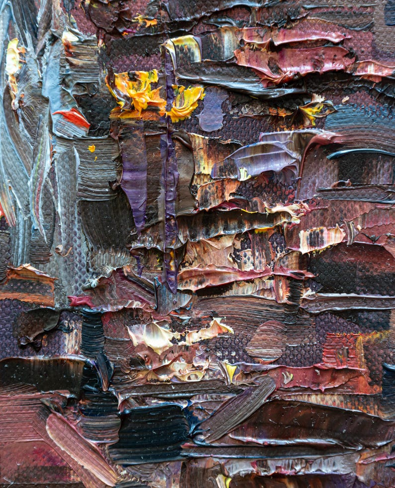 May include: An oil painting on canvas featuring heavy impasto texture with thick, layered brushstrokes. The color palette consists of deep browns, dark purples, and blacks, accented by vibrant streaks of bright yellow, orange, and white paint.