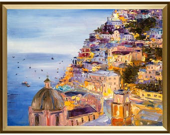 Pintura de Positano. Costa Amalfitana, Italia. Pintura original de una noche lluviosa italiana.