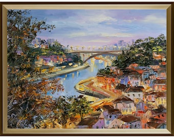 Impresionante Oporto. Vista del Puente de Arrábida y el río Duero. Pintura al óleo original en técnica de empaste...
