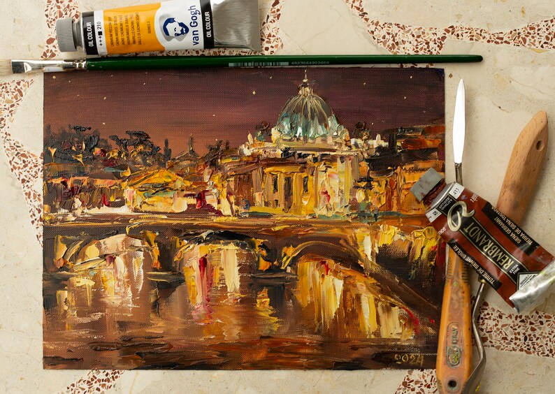 Italie, nuit Rome peinture à l'huile, Vatican, Basilique Saint-Pierre. image 8