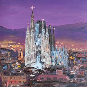 May include: An oil painting depicting the Sagrada Familia in Barcelona at night. The cathedral features tall, intricate spires against a deep purple sky with stars. The surrounding city is illuminated with warm yellow lights under a mountain range.