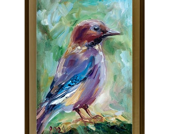 Peinture d'oiseau de geai Art original, peinture de petit oiseau, petite peinture à l'huile, cadeau d'anniversaire