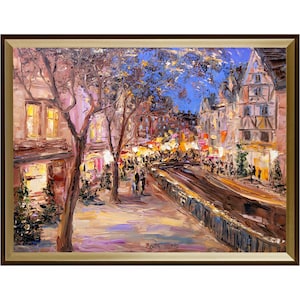Night Colmar at Christmas. City in northeastern France. Original oil painting.