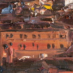 May include: An oil painting on canvas featuring a thick impasto technique with a palette of deep browns, burnt oranges, and dark reds. The composition displays a rectangular structure with horizontal lines and textured paint strokes throughout.