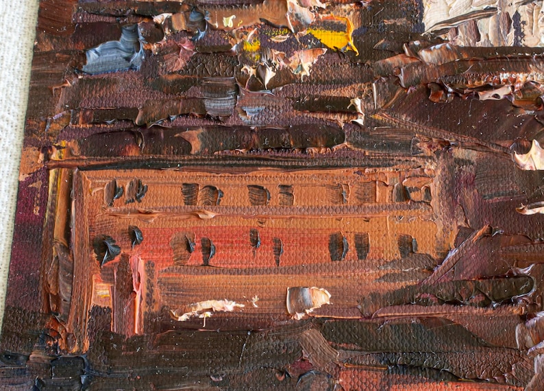 May include: An oil painting on canvas featuring a thick impasto technique with a palette of deep browns, burnt oranges, and dark reds. The composition displays a rectangular structure with horizontal lines and textured paint strokes throughout.