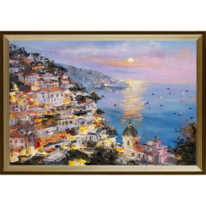 Dipinto di Positano. Costiera Amalfitana - Italia. Dipinto originale di una notte piovosa italiana.
