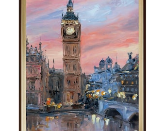 Evening London, original oil painting. Big Ben.