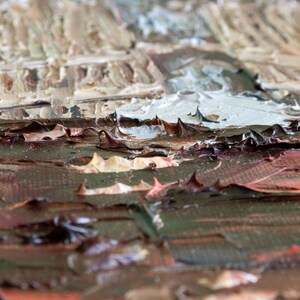 May include: An oil painting on canvas featuring thick, impasto brushstrokes in shades of dark brown, deep red, and cream. The textured surface displays raised ridges of paint applied with a palette knife, creating a layered, dimensional effect.