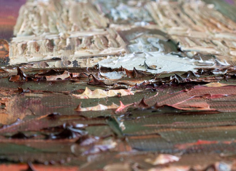 May include: An oil painting on canvas featuring thick, impasto brushstrokes in shades of dark brown, deep red, and cream. The textured surface displays raised ridges of paint applied with a palette knife, creating a layered, dimensional effect.