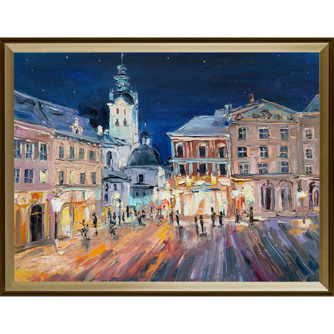 Lviv Town Hall Square on a Starry Night. Original Oil Painting. - Etsy