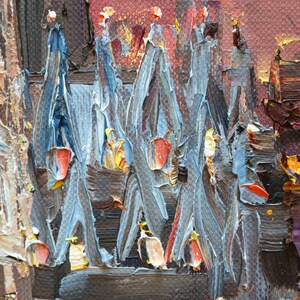 May include: An oil painting on canvas featuring a dense cluster of vertical, abstract figures rendered in thick, textured impasto brushstrokes. The color palette consists of deep grays, slate blues, and dark browns, accented by vibrant pops of orange and yellow.