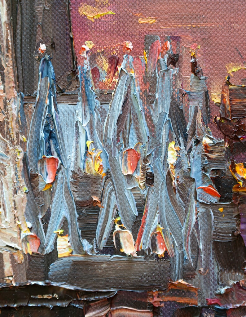 May include: An oil painting on canvas featuring a dense cluster of vertical, abstract figures rendered in thick, textured impasto brushstrokes. The color palette consists of deep grays, slate blues, and dark browns, accented by vibrant pops of orange and yellow.