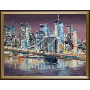 Night New York original oil painting. Brooklyn Bridge. Original oil art