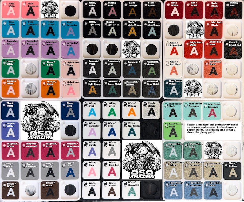 Op de afbeelding: Een raster van kleine, vierkante kleurstalen met de letter "A" en kleurnamen. De kleuren omvatten roze, blauw en groen. De afbeelding bevat ook een logo met een beerachtig wezen en de tekst "OSQ AMAZING".