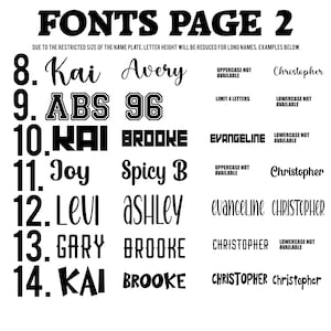 Op de afbeelding: Een zwart-wit afbeelding met lettertypen voor naamplaten. De tekst "FONTS PAGE 2" staat bovenaan, met voorbeelden van lettertypen zoals Kai, Avery en ABS. Opmerkingen geven beperkingen aan voor de beschikbaarheid van hoofdletters en kleine letters.